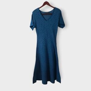 Peruvian Connection Knit Animal Print Fit n Flare Midi Dress Teal Blue Sz Medium